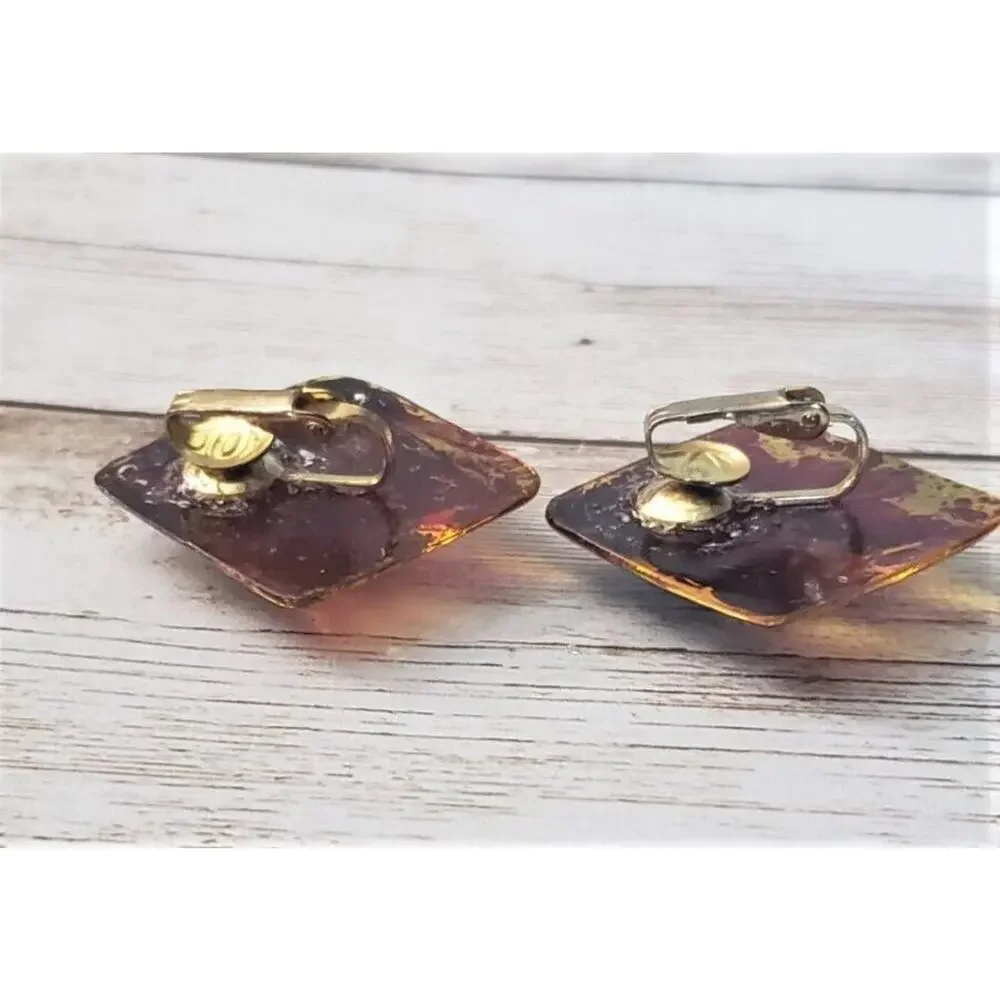 Vintage Clip On Earrings - Brown & Orange Diamond Shape 1.25